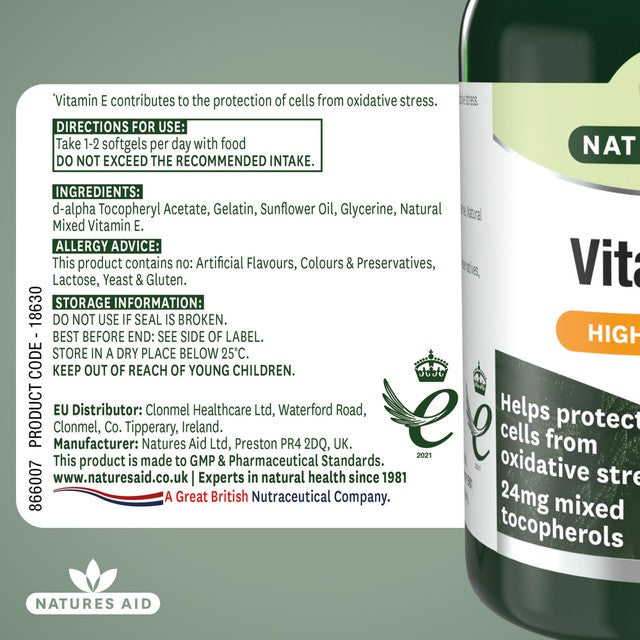 Natures Aid Vitamin E supplements 60 soft gels, imported from the UK