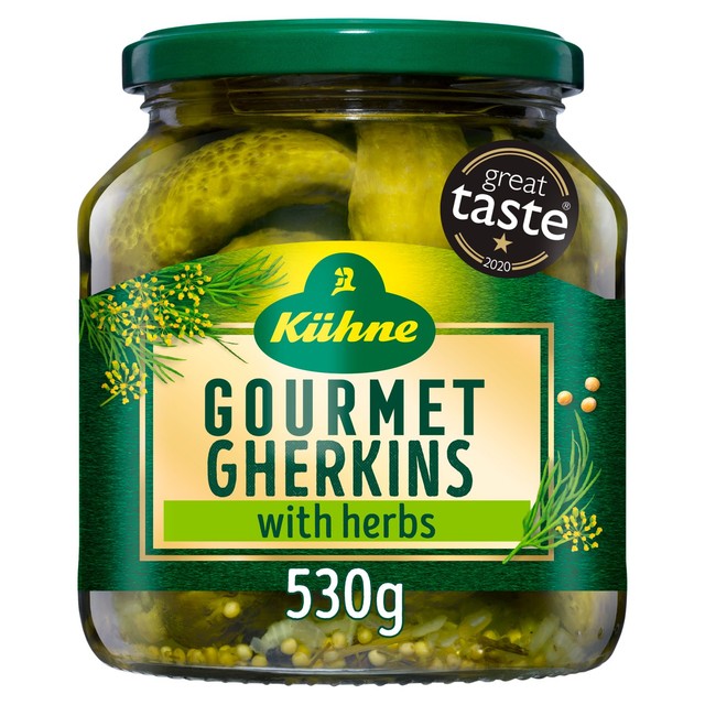 Kuhne gourmet gherkins with herbs 530g, UK version