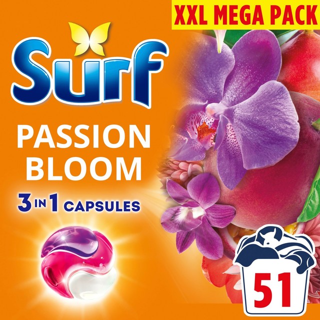 Surf Passion Bloom laundry detergent capsules 51 washes (British brand)
