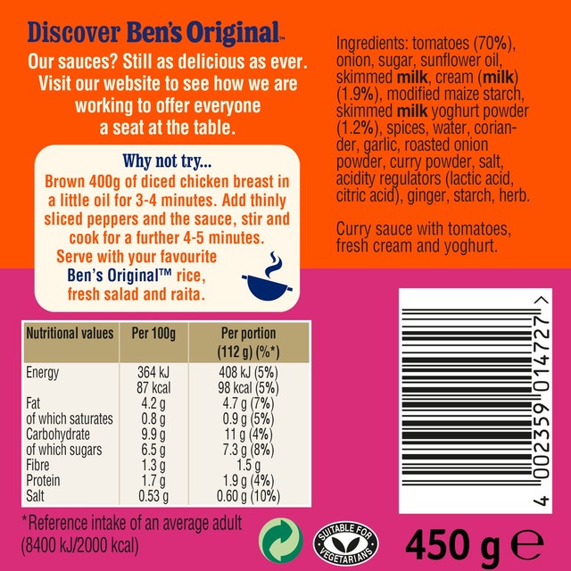 Ben's Original Tikka Masala curry sauce 450g - British product