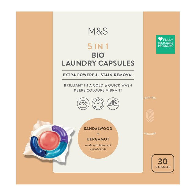 M&S Bio Laundry Capsules 30 Pack, imported from the UK