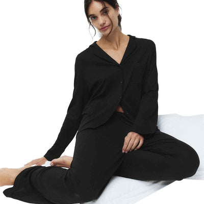 M&S Damen-Pyjama-Set aus Baumwolle und Modal mit Reverskragen, Schwarz, Größe S