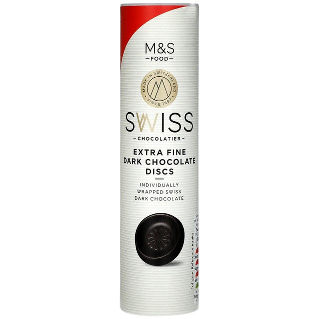 M&S Swiss extra fine dark chocolate discs 115g, imported from the UK