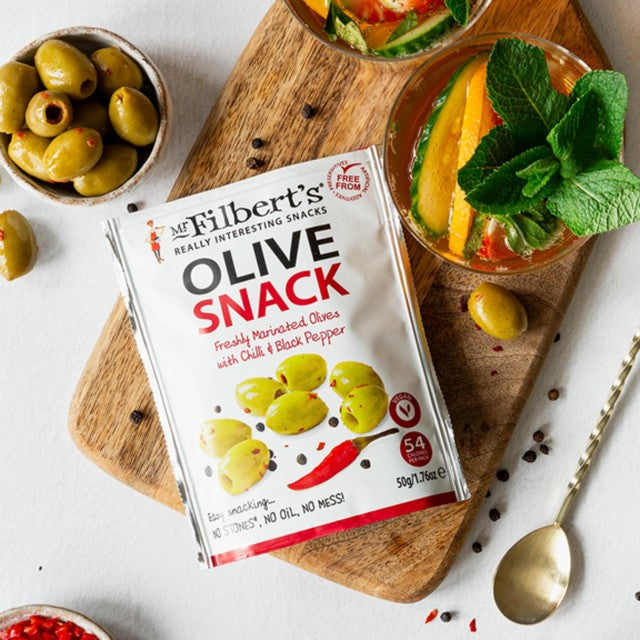 Mr Filbert's green olives with chilli and black pepper 50g, imported from the UK