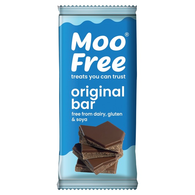 Moo Free Dairy Free Vegan Original Chocolate Bar 80g, imported from the UK