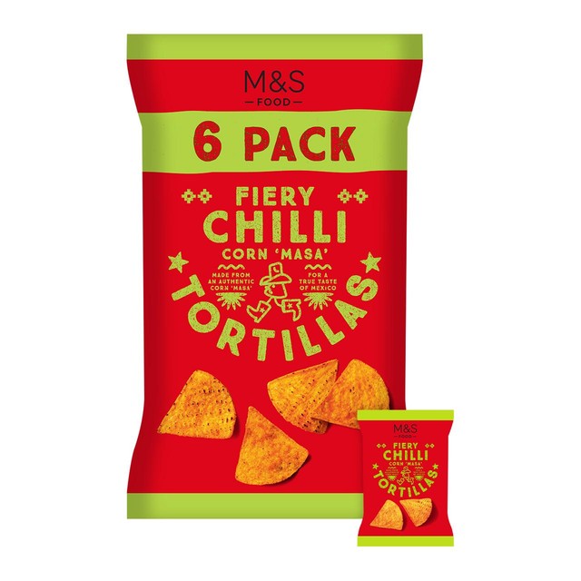 M&S Chilli Tortilla Chips Multipack 6x30g, imported from the UK
