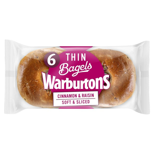 Warburtons cinnamon & raisin thin bagels 6 pack (British brand)
