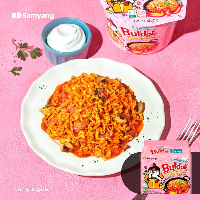 Buldak hot chicken carbonara ramen noodles multipack, UK version