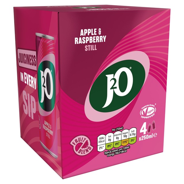 J2O apple and raspberry soft drink 4 x 250ml cans, UK version