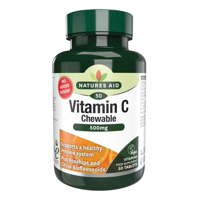 Natures Aid chewable Vitamin C tablets 500mg, imported from the UK
