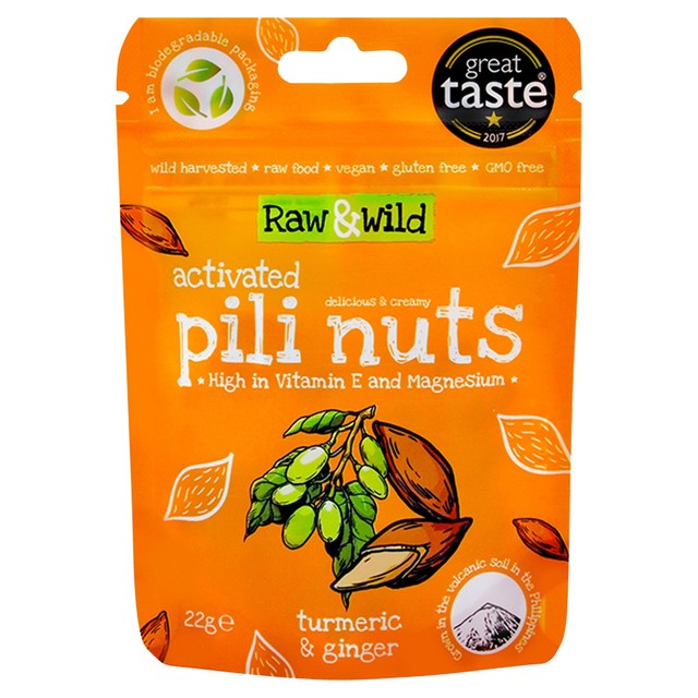 Raw & Wild Activated Pili Nuts Turmeric Ginger 22g, imported from the UK