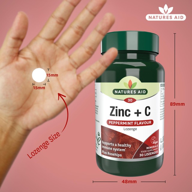 Natures Aid Zinc C peppermint supplement lozenges, imported from the UK