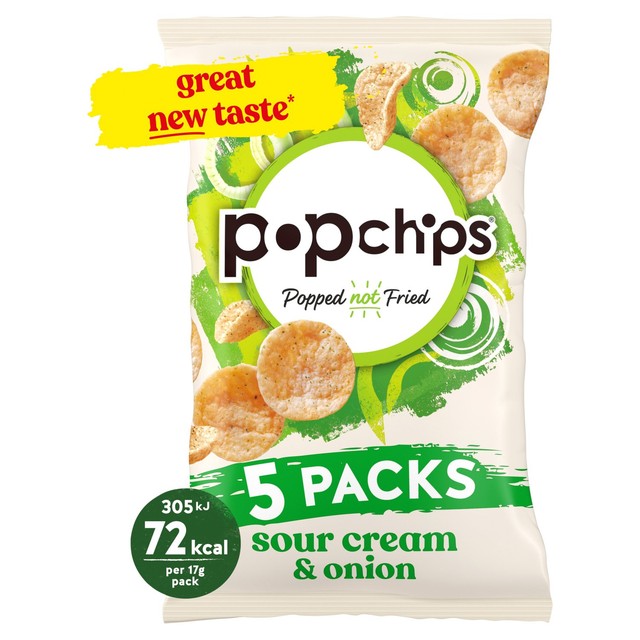 Popchips Sour Cream & Onion crisps 5-pack, imported from the UK