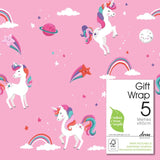 Deva Designs Pink Unicorn wrapping paper 5m length, imported from the UK