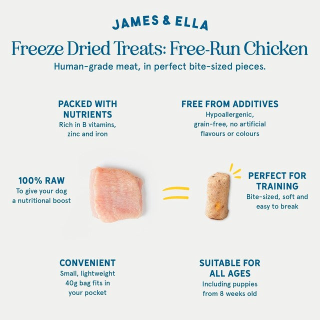 James & Ella freeze-dried raw chicken dog treats 40g, UK version