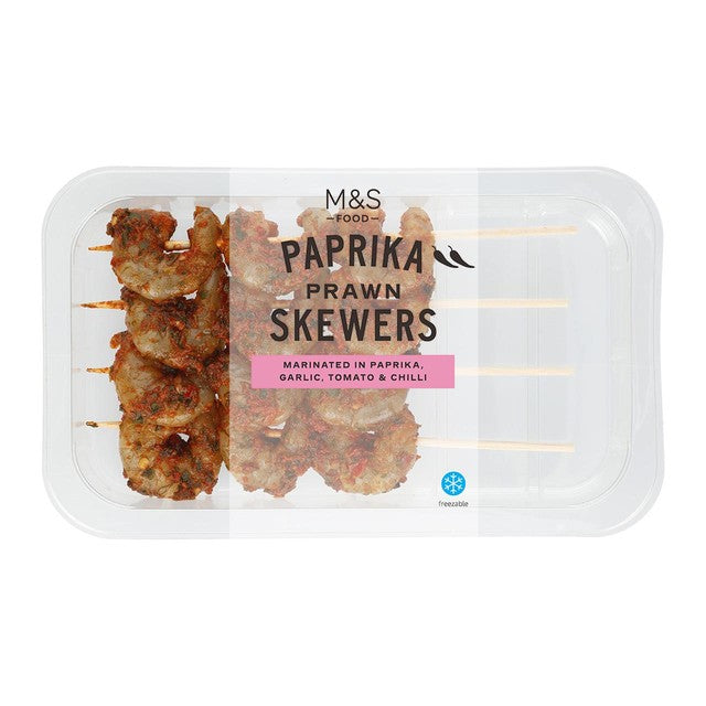 M&S chilli garlic prawn skewers 115g, imported from the UK
