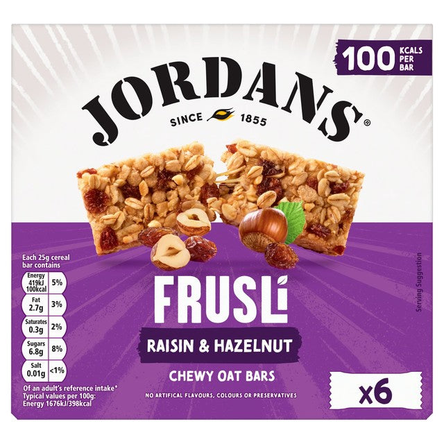 Jordans Frusli Raisins & Hazelnuts chewy cereal bars 6 x 25g, UK version