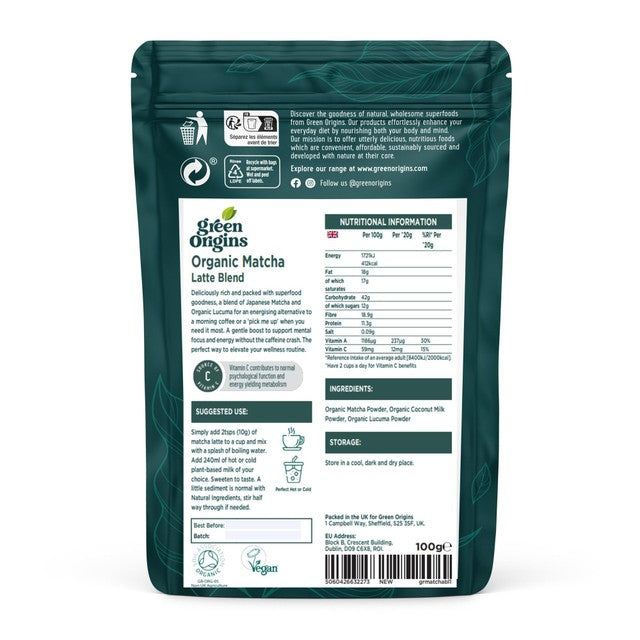 Green Origins Organic Super Japanese Matcha Latte Blend 100g, UK version