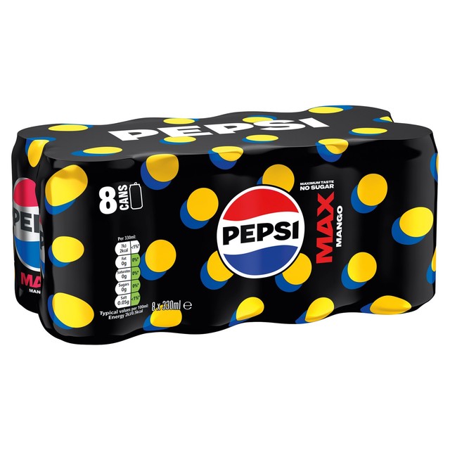 Pepsi Max Mango cola drink 8x330ml cans, imported from the UK
