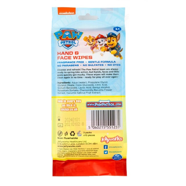 Jellyworks hand and face wet wipes multipack, fragrance-free, 30 wipes, imported from the UK