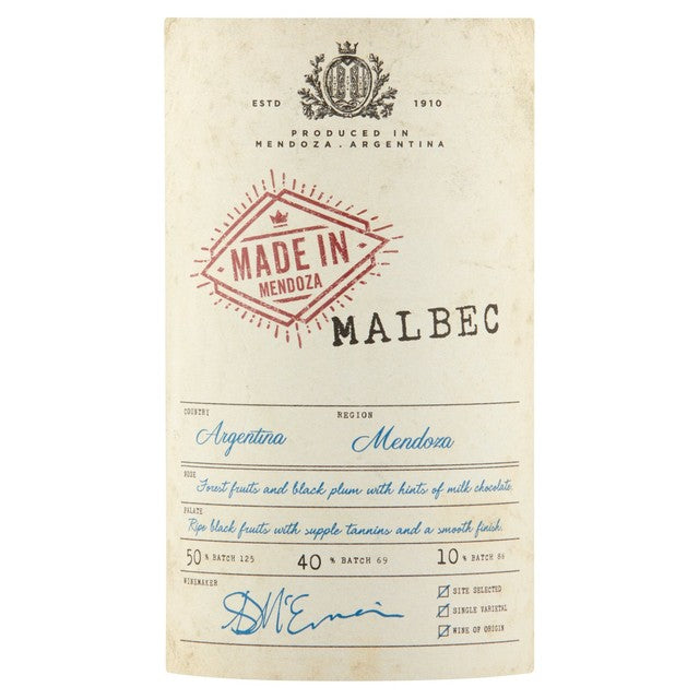 Made in Mendoza Malbec Red Wine 75cl, imported from the UK