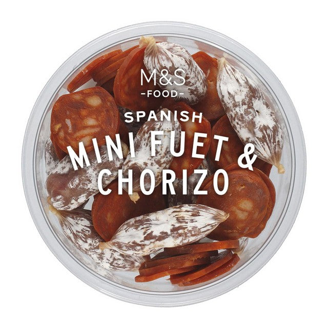 M&S Spanish Mini Fuet & Chorizo cured meat snack pack 120g, imported from the UK