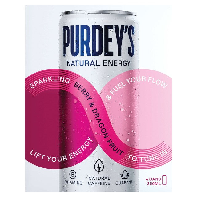Purdey's berry & dragon fruit energy drink 4 x 250ml, imported from the UK