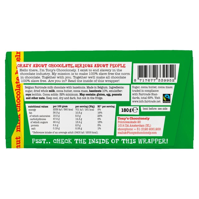 Tony's Chocolonely milk chocolate bar with hazelnuts 180g (British brand)