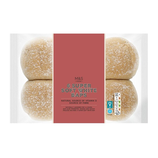 M&S Super Soft White Baps 6 pack, imported from the UK
