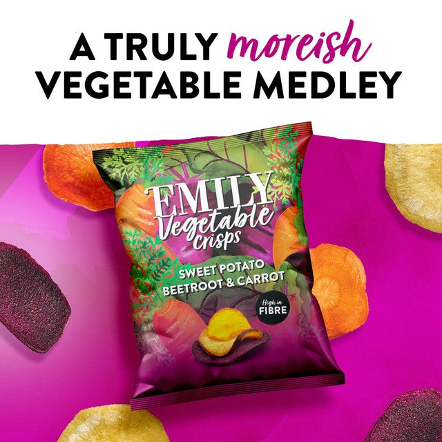 Emily Veg Crisps Rainbow Roots Sweet Potato, Carrot & Beetroot vegetable crisps 30g - British product