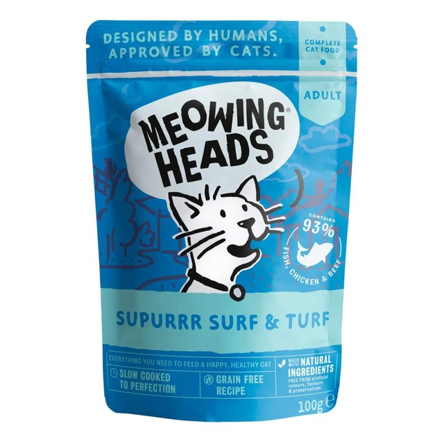 Meowing Heads Surf & Turf wet cat food pouch 100g, imported from the UK