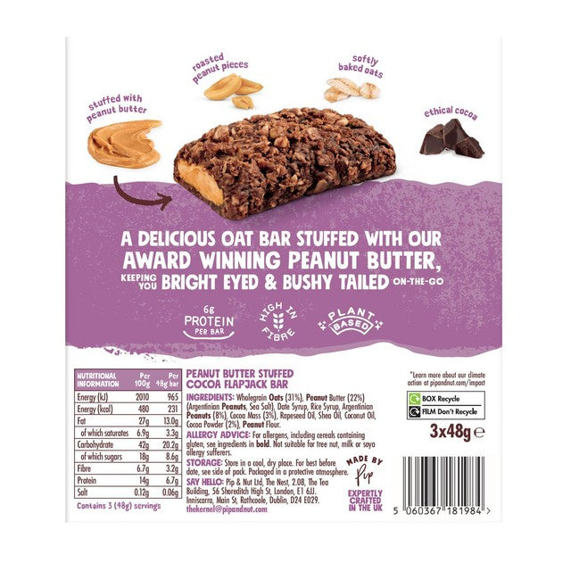 Pip & Nut Peanut Butter Stuffed Oat Bar Chocolate 3 x 48g, imported from the UK