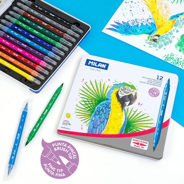 Milan 12 dual tip fibrepens set, imported from the UK