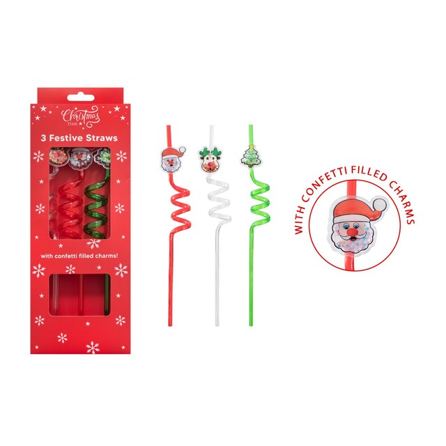 Christmas Time curly straws pack of 3 26cm - British product