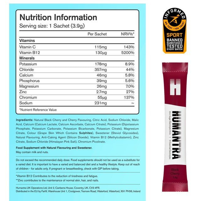 Humantra black cherry electrolyte powder box, imported from the UK