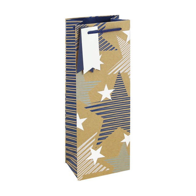 EUROWRAP blue stars kraft bottle gift bag - British product