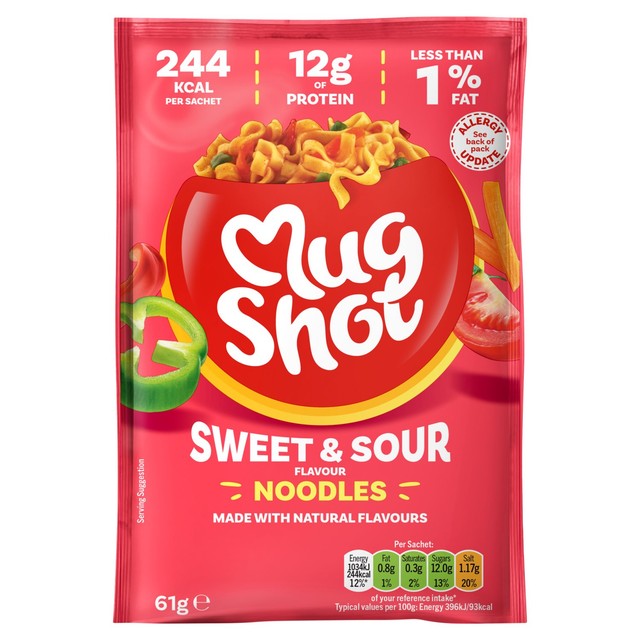 Mug Shot sweet and sour noodles sachet 67g, imported from the UK