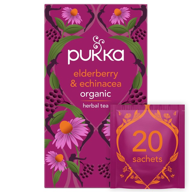 Pukka Herbs Elderberry and Echinacea fruit tea 20 compostable tea bags, imported from the UK