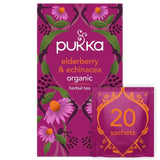Pukka Herbs Elderberry and Echinacea fruit tea 20 compostable tea bags, imported from the UK