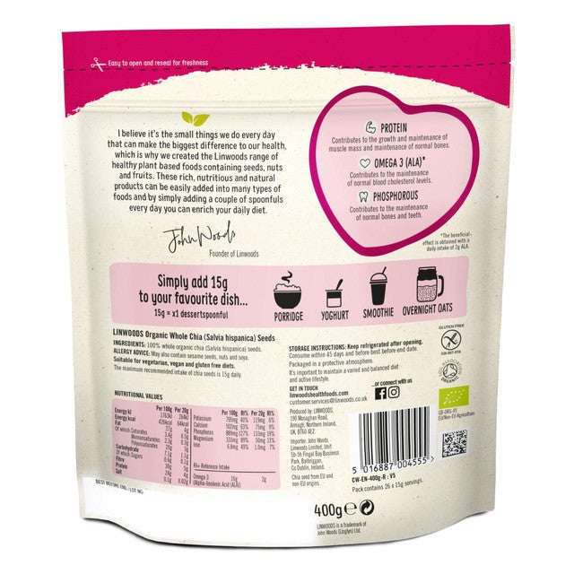 Linwoods organic whole chia seeds 400g, UK version