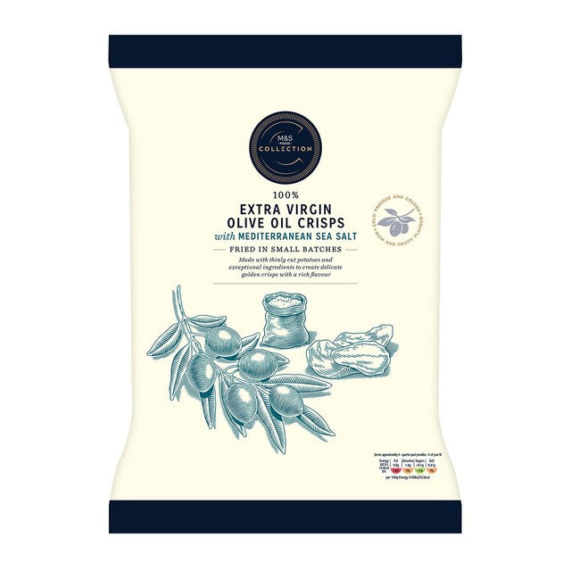 M&S olive oil crisps with sea salt 125g, imported from the UK