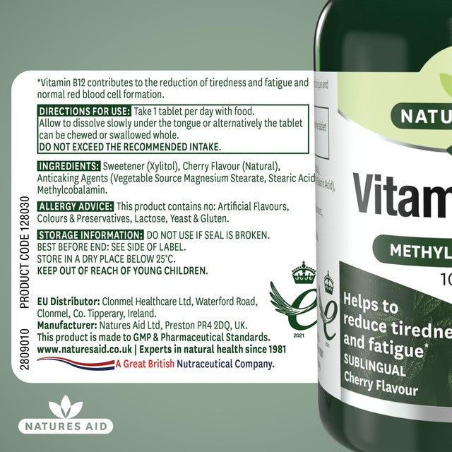 Natures Aid Vitamin B12 tablets 1000ug 90 count, imported from the UK