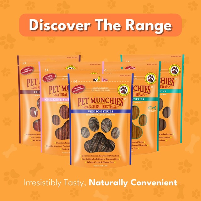 Pet Munchies venison strips dog treats 75g, imported from the UK