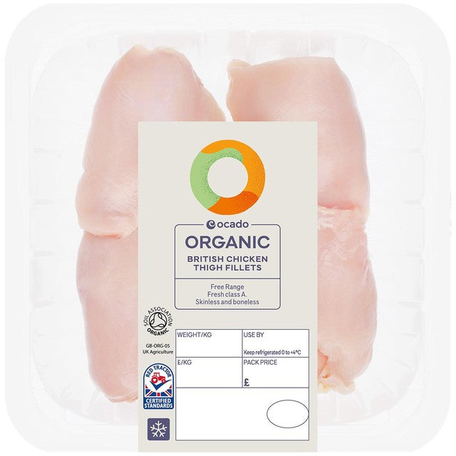 Ocado organic free range chicken thigh fillets 420g, imported from the UK
