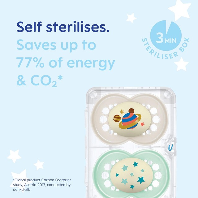 MAM Night Astro 18-36m soother 2-pack, imported from the UK