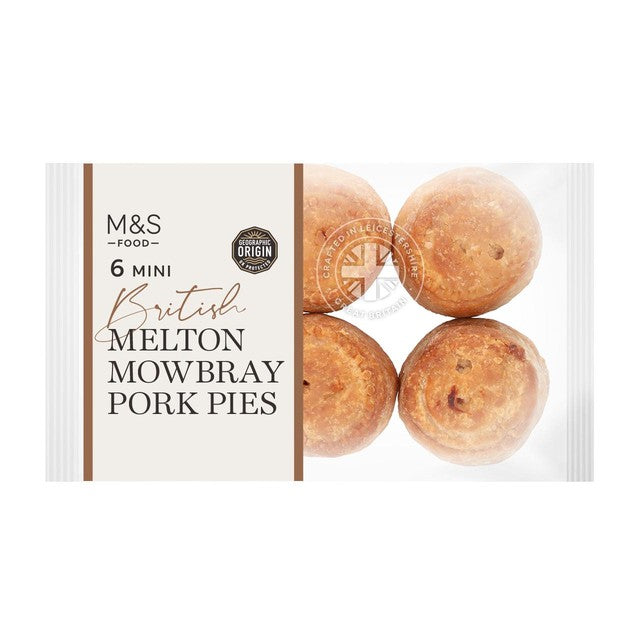 M&S Mini Melton Mowbray svinekjøttpaier, pakke med 6, importert fra Storbritannia