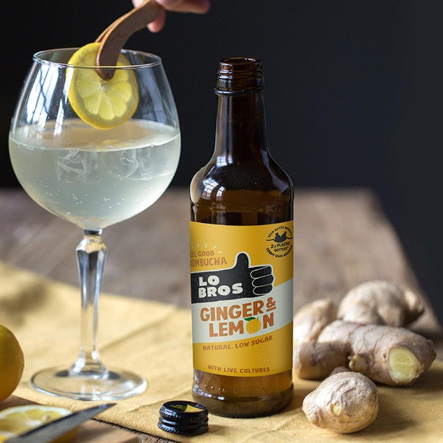 Lo Bros ginger and lemon low sugar kombucha drink 330ml, UK version