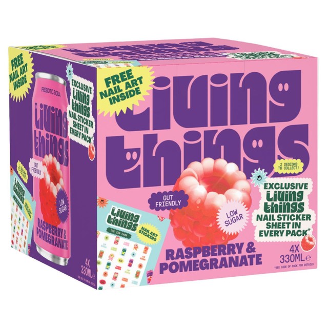 Living Things raspberry and pomegranate biotic soda 4x330ml, UK version