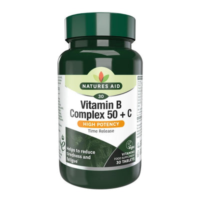 Natures Aid Vitamin B kompleks 50 Plus C kosttilskuddstabletter 30-pakning