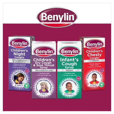 Benylin hostesaft for barn tørrhoste og sår hals solbær 125ml